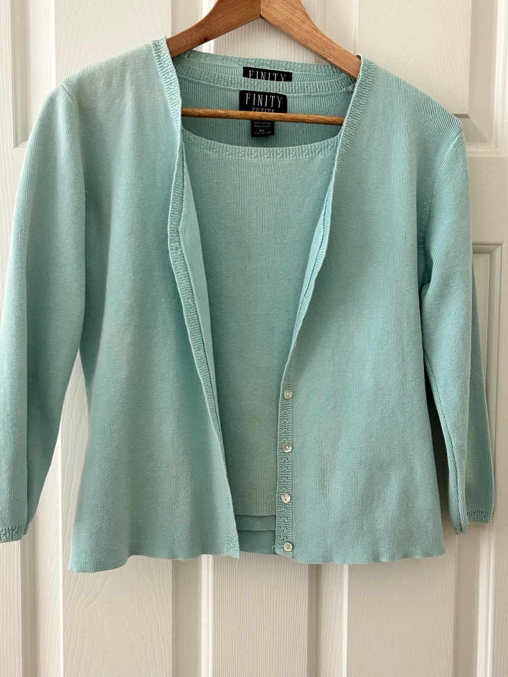 Finity 2 Pc Twinset Cardigan & Sleeveless Top 100% Cotton Knit Mint Green Sz PL - Picture 2 of 16